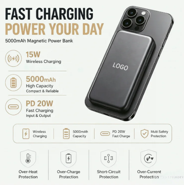 8.8mm Ultra-Slim 5000mAh Pocket Power Bank with Wireless Charging and PD 20W for iPhone 17/16/15/13 – Custom Logo Available