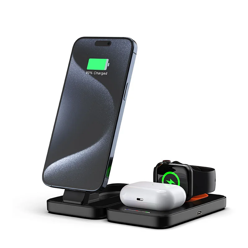 Mackertop LHT-67 3-in-1 Foldable Magnetic Wireless Charger Station – 10W/15W for Phone, Watch, Earphone