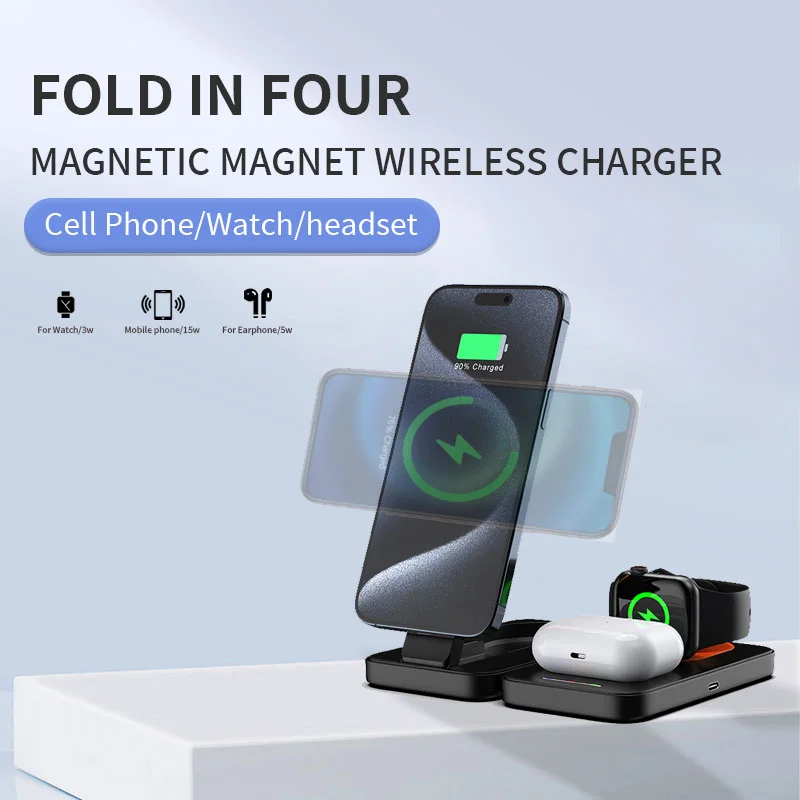 Mackertop LHT-67 3-in-1 Foldable Magnetic Wireless Charger Station – 10W/15W for Phone, Watch, Earphone product image 3