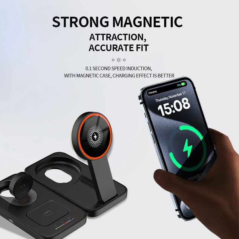 Mackertop LHT-67 3-in-1 Foldable Magnetic Wireless Charger Station – 10W/15W for Phone, Watch, Earphone product image 4
