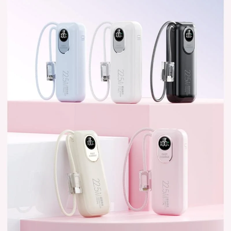 5000mAh Mini Power Bank 22.5W Fast Charging with Built-in Type-C Cable and LED Display