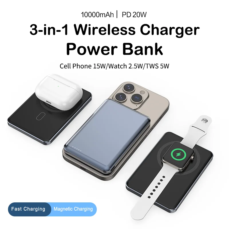 10000mAh 3-in-1 Magnetic Wireless Power Bank for Phone, Smartwatch, Earphone product image 2
