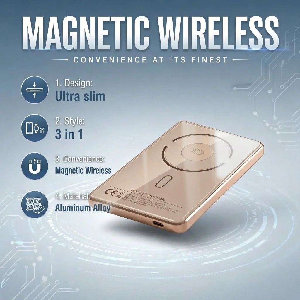 5000mAh Qi2 15W Magnetic Wireless Power Bank with Digital Display – Aluminum Alloy, PD 20W, for Mobile, Earphone, Watch
